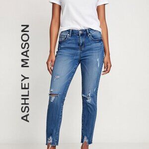 Ashley Mason Distressed Skinny Jeans Sz 1 Medium Wash Ripped Knee Raw Hem Denim